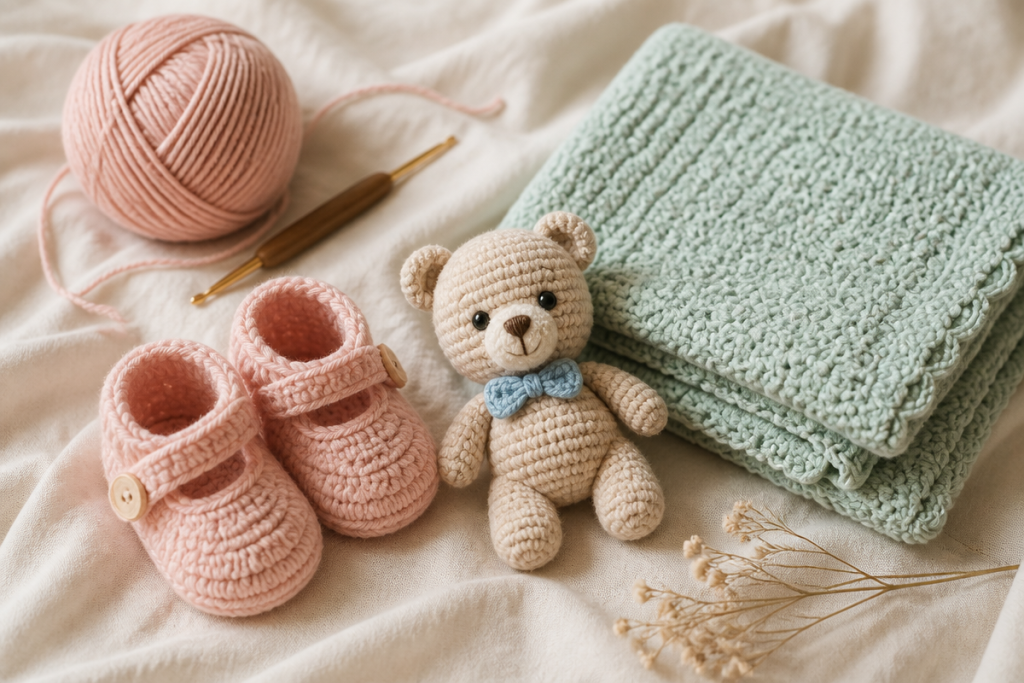 Baby crochet patterns - handmade booties, blanket and amigurumi toy