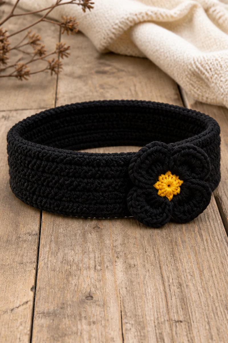 Crochet black pansy flower headband for stylish accessories