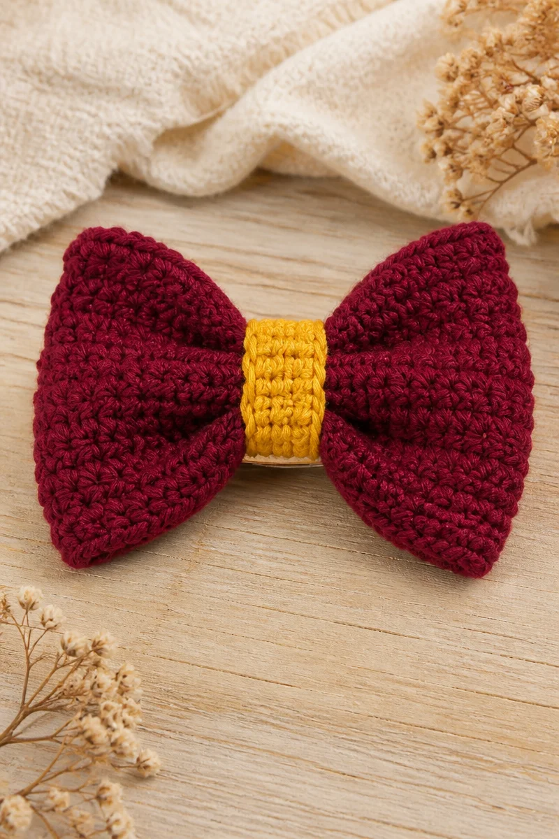 Crochet burgundy bow hair barrette for stylish hair accessorizing