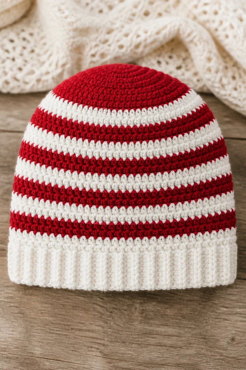Crochet Candy Cane Stripe Baby Beanie for infants, featuring festive red and white stripes.
