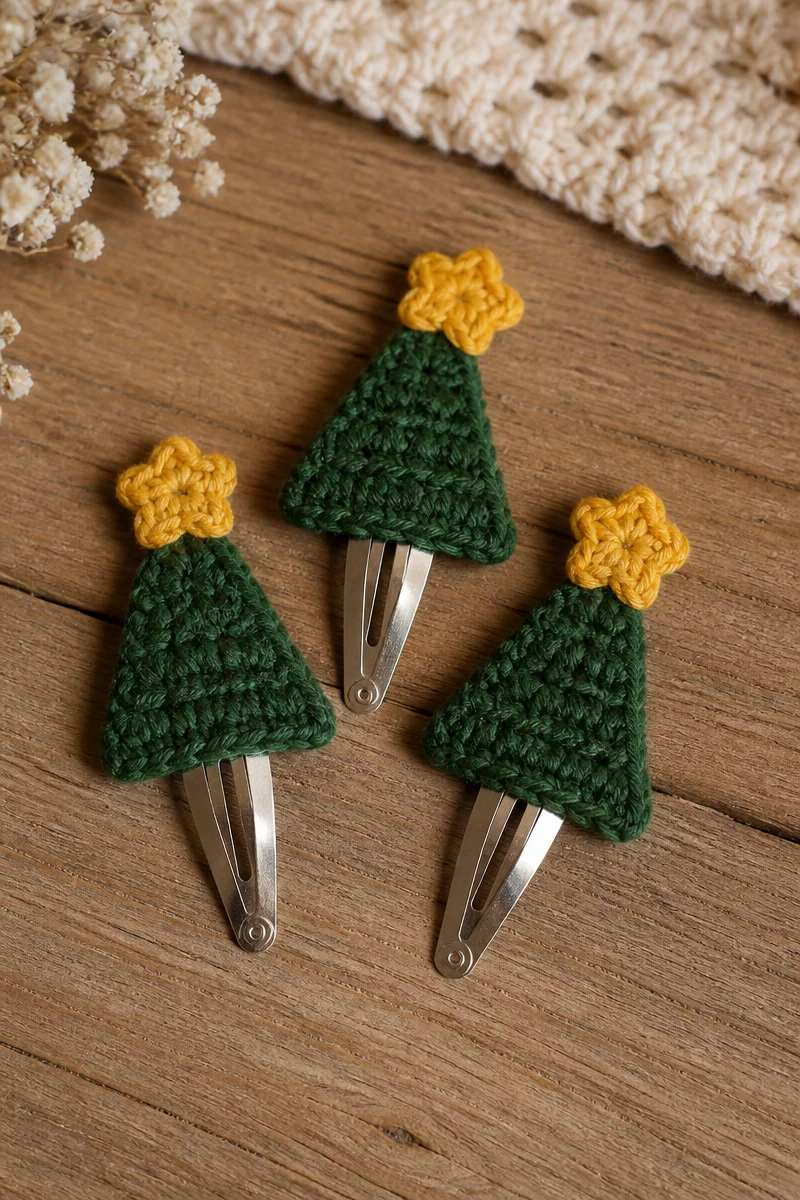Set of crochet Christmas tree hair clips in festive colors and designs.