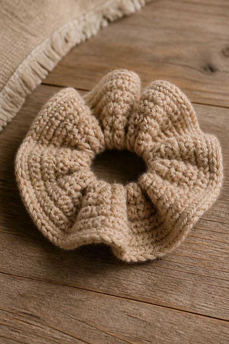 Crochet Coffee Latte Hair Scrunchie in soft fabric for stylish hair accessory