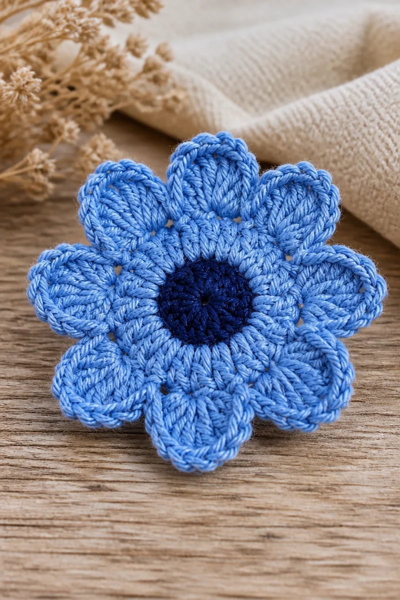 Crochet Cornflower Sweater Brooch Pin showcasing intricate design and vibrant colors