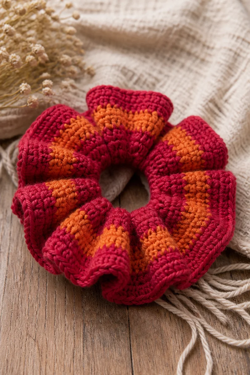 Crochet Cranberry Orange Hair Scrunchie for stylish hair accessories
