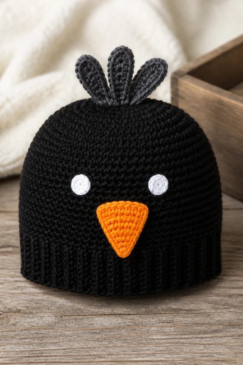 Crochet Crow Baby Hat Beanie for infants, handmade with soft yarn.