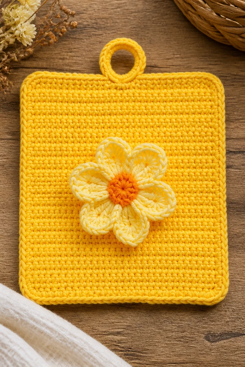 Crochet daffodil flower pot holder showcasing vibrant yarn petals.
