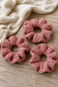 Crochet Dusty Rose Hair Scrunchie Trio