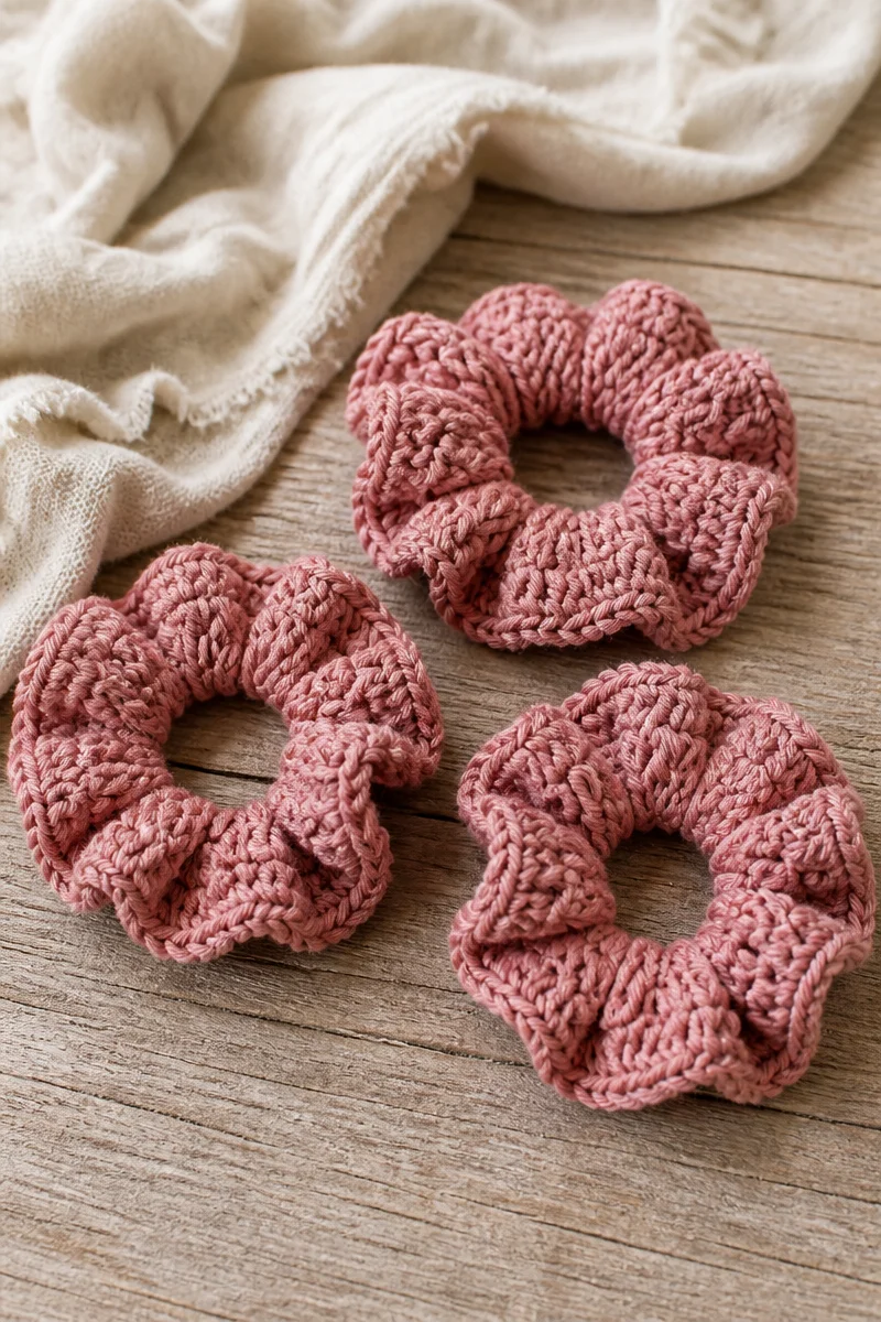 Crochet Dusty Rose Hair Scrunchie Trio for stylish hair accessories