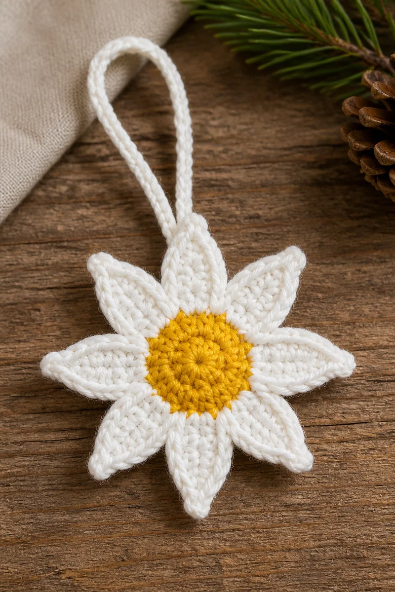Handmade Crochet Edelweiss Flower Christmas Ornament displayed on a tree.