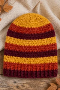 Crochet Fall Leaf Stripe Baby Beanie