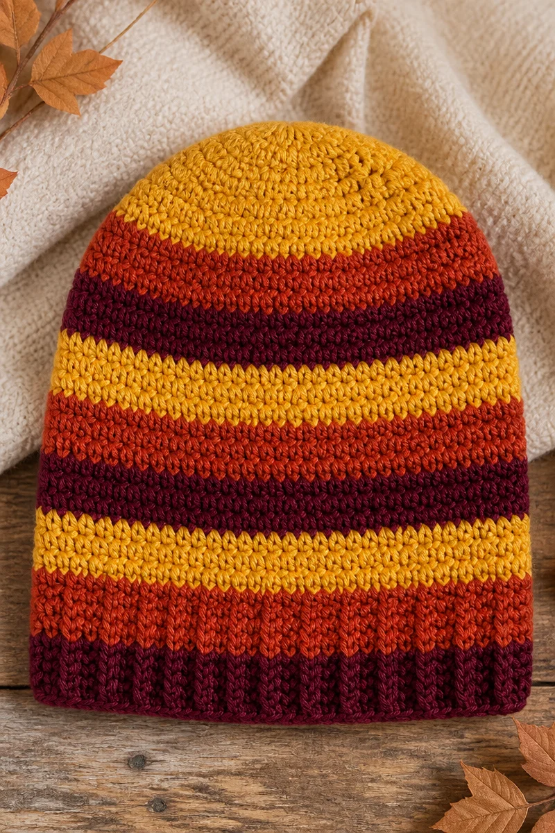 Colorful crochet fall leaf stripe baby beanie for autumn warmth and style