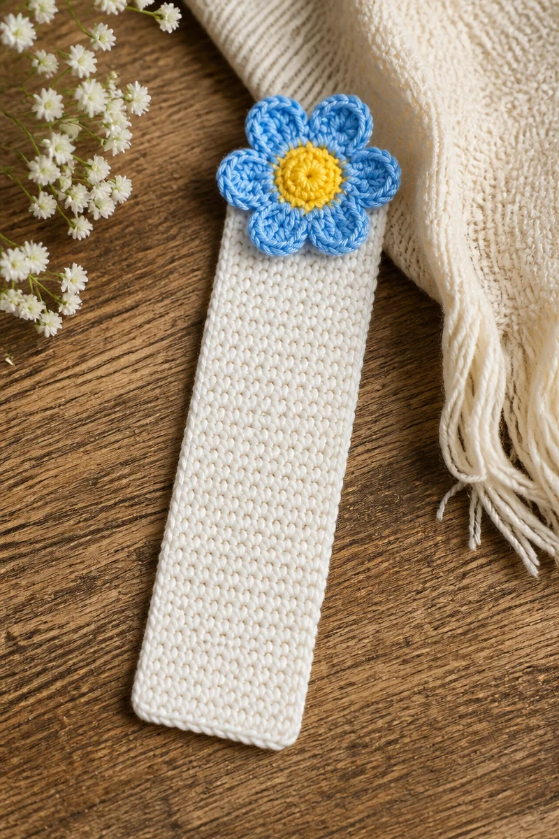 Crochet Forget Me Not Flower Bookmark with delicate floral design