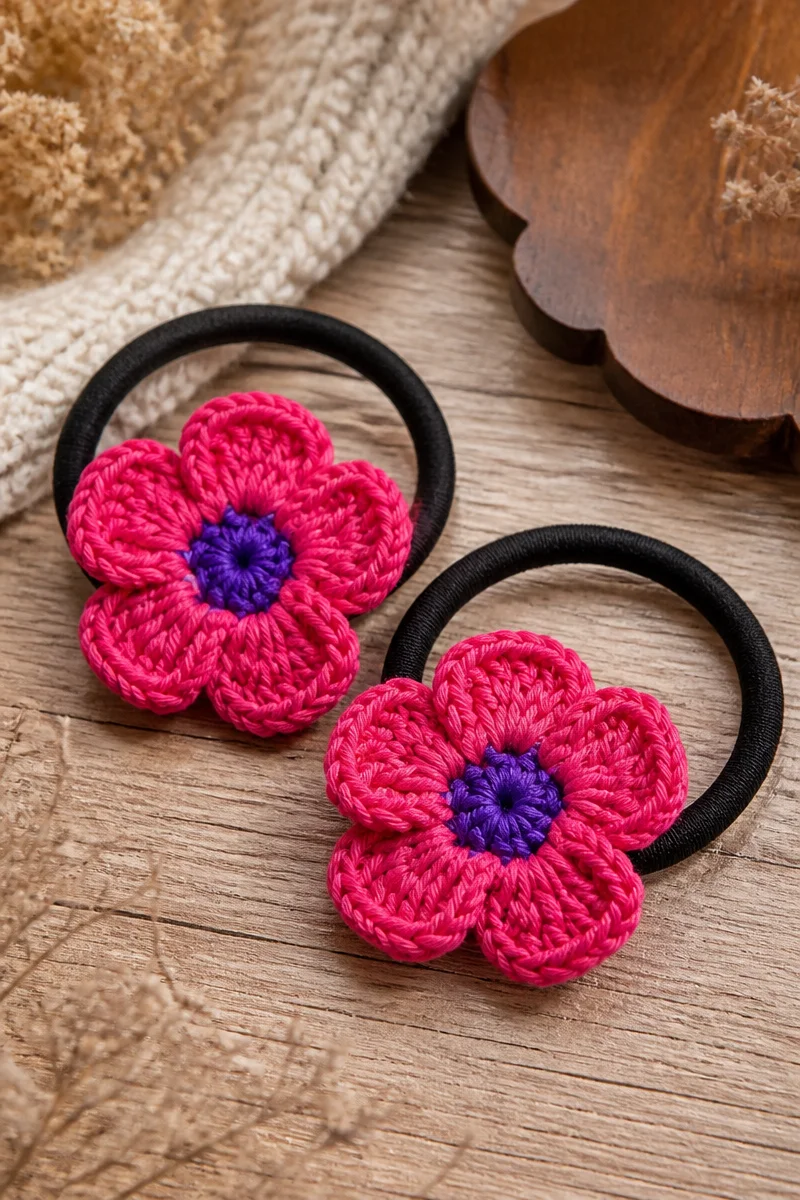 Handmade crochet fuchsia flower hair tie set for stylish accessories