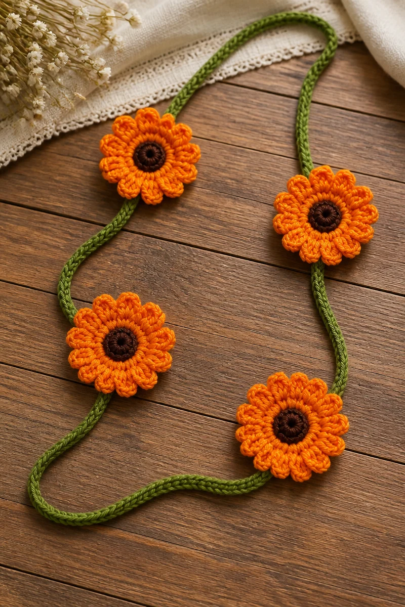 Crochet garland featuring colorful gerbera flowers for table decoration