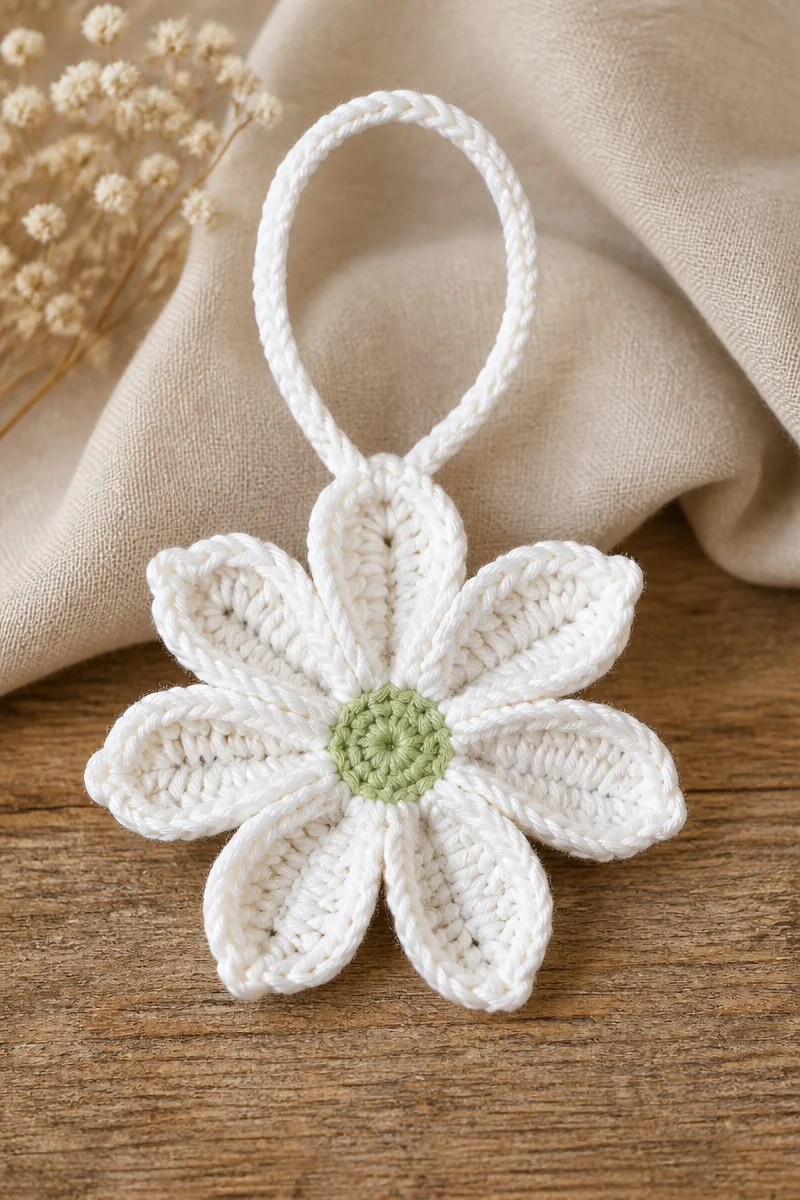 Crochet Ghost Orchid Flower Ornament, a delicate floral decoration in yarn.