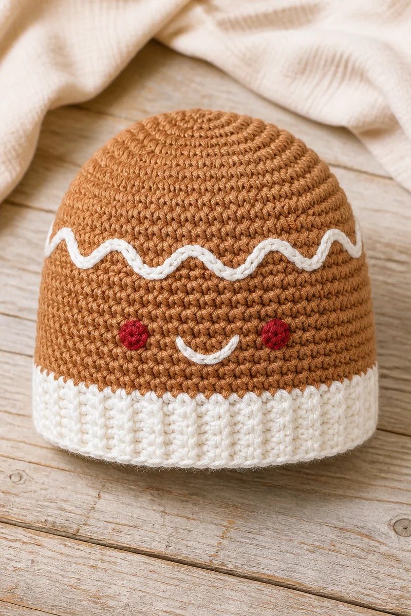 Crochet Gingerbread Baby Hat Beanie for infants in festive holiday style.
