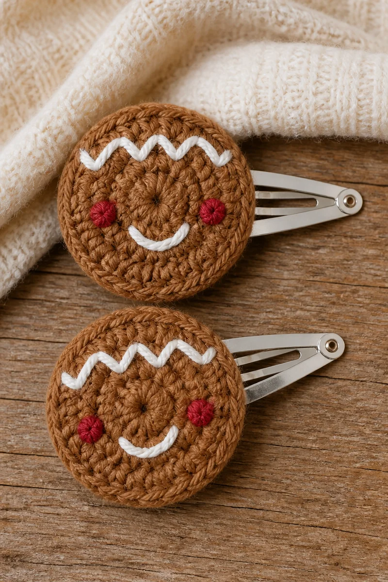 Crochet Gingerbread Cookie Hair Clip Duo for festive hairstyles