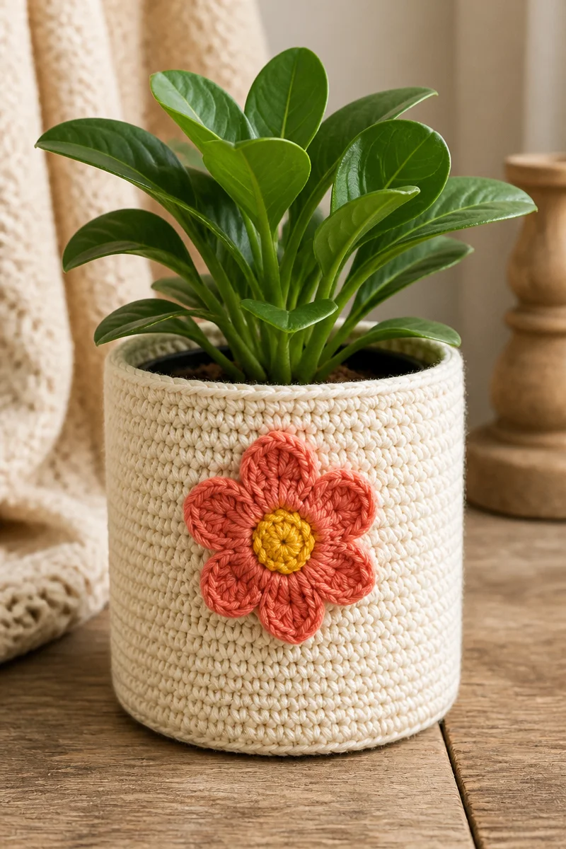 Crochet gladiolus flower plant pot cover showcasing intricate design