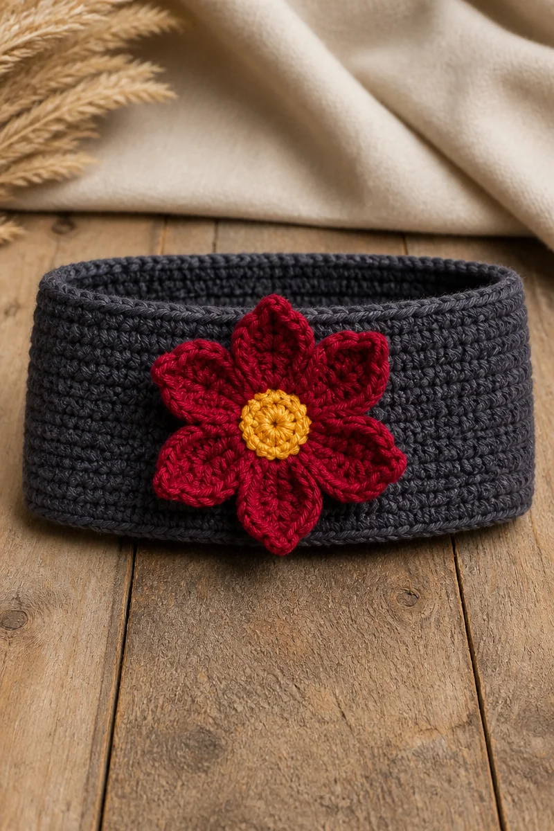 Crochet Gloriosa Flower Winter Ear Warmer designed for warmth and style.
