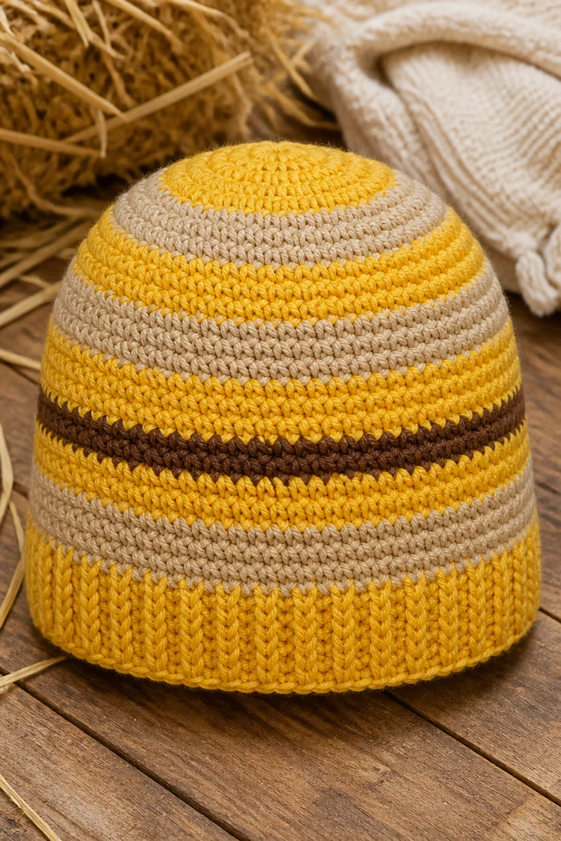 Crochet Hay Bale Baby Beanie perfect for infants and newborn photography.
