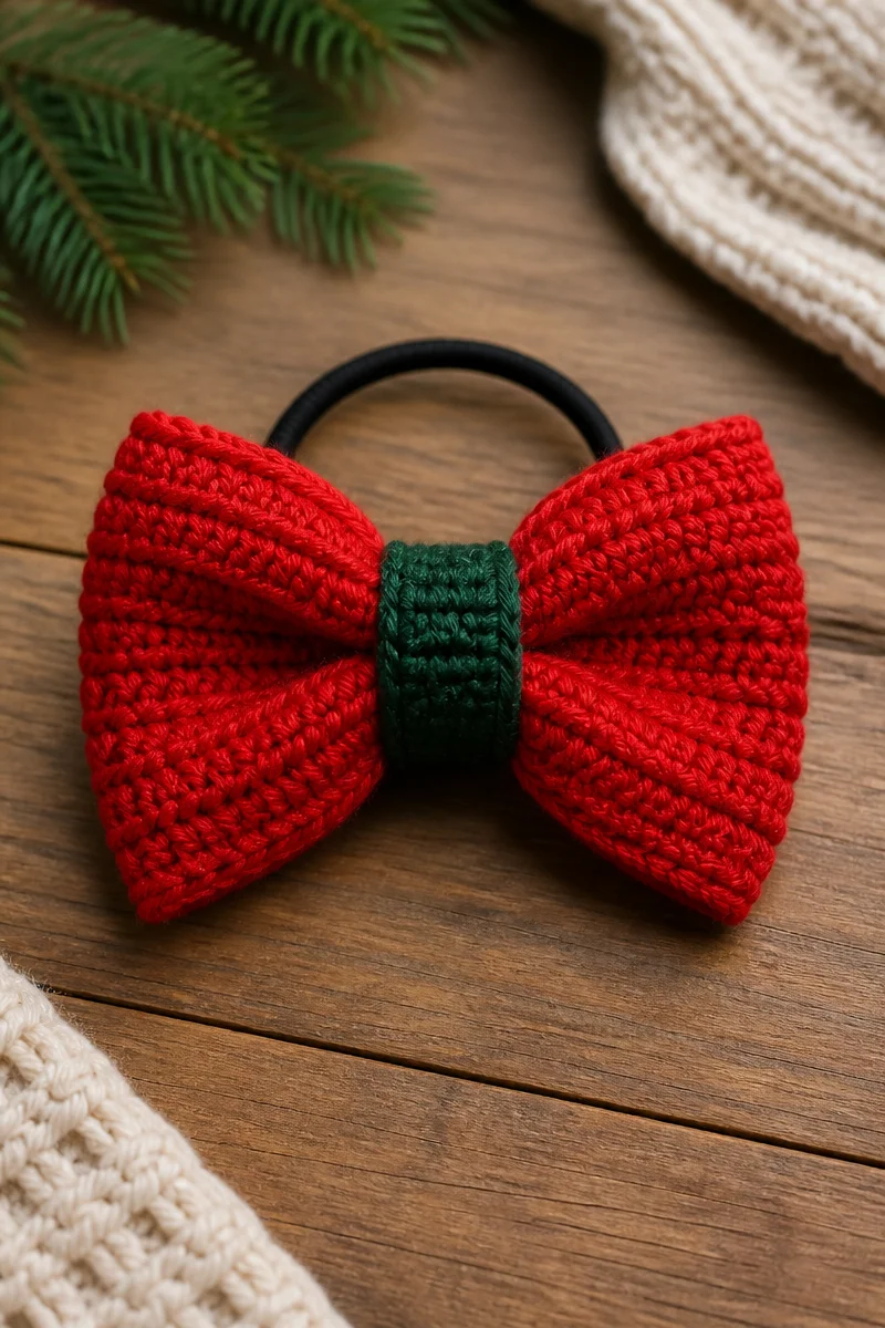 Crochet Holiday Bow Ponytail Holder in festive red and green colors