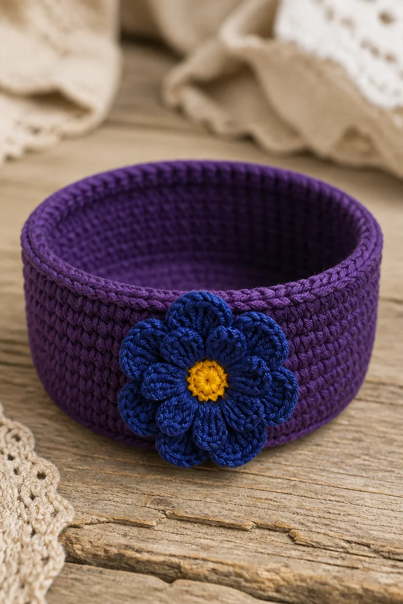 Crochet Iris Flower Trinket Dish showcasing intricate design and craftsmanship.