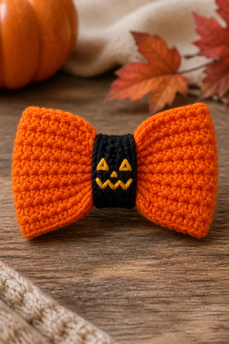 Crochet Jack O Lantern Hair Bow for Halloween celebrations