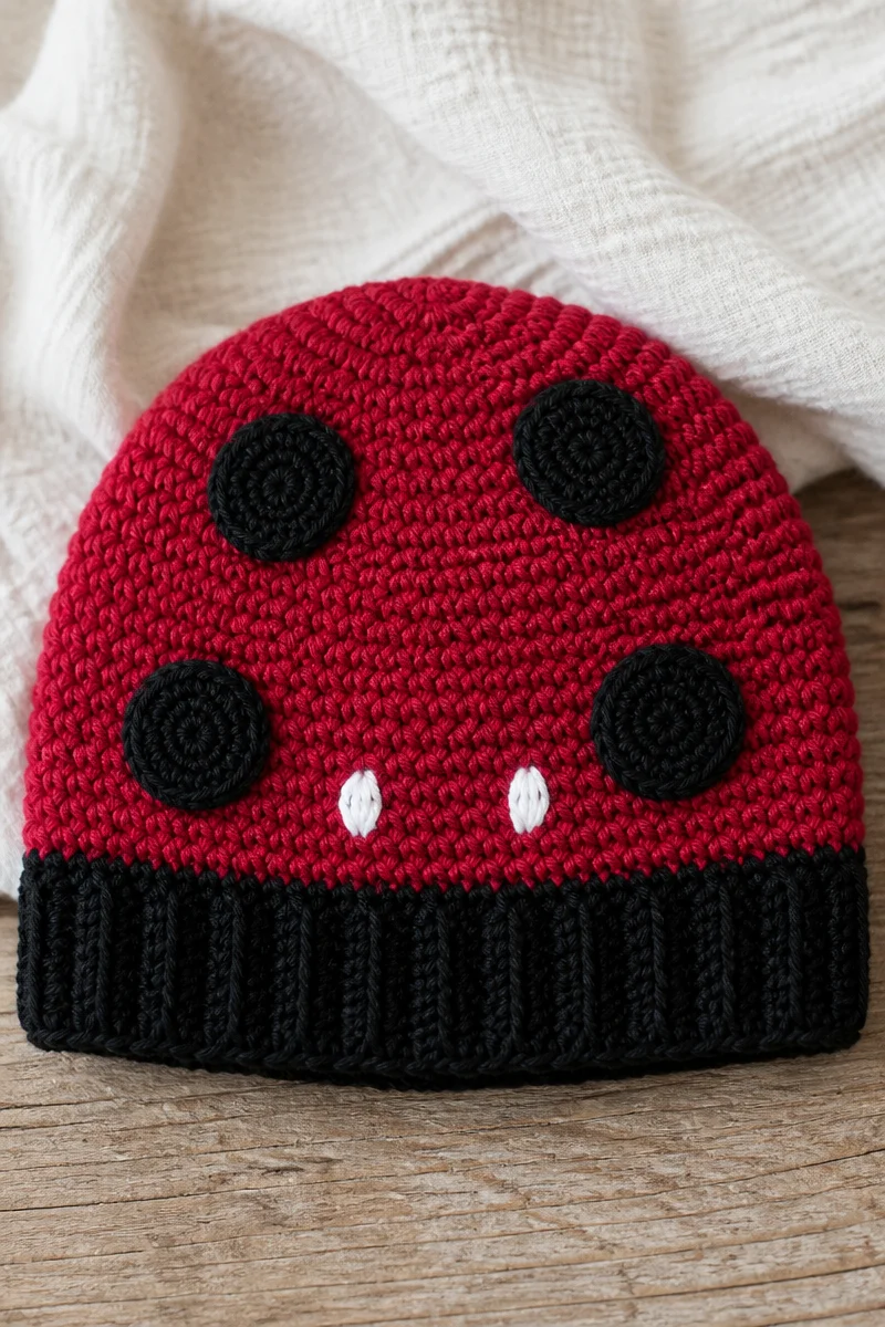 Crochet ladybug baby hat beanie for infants, cute and cozy.