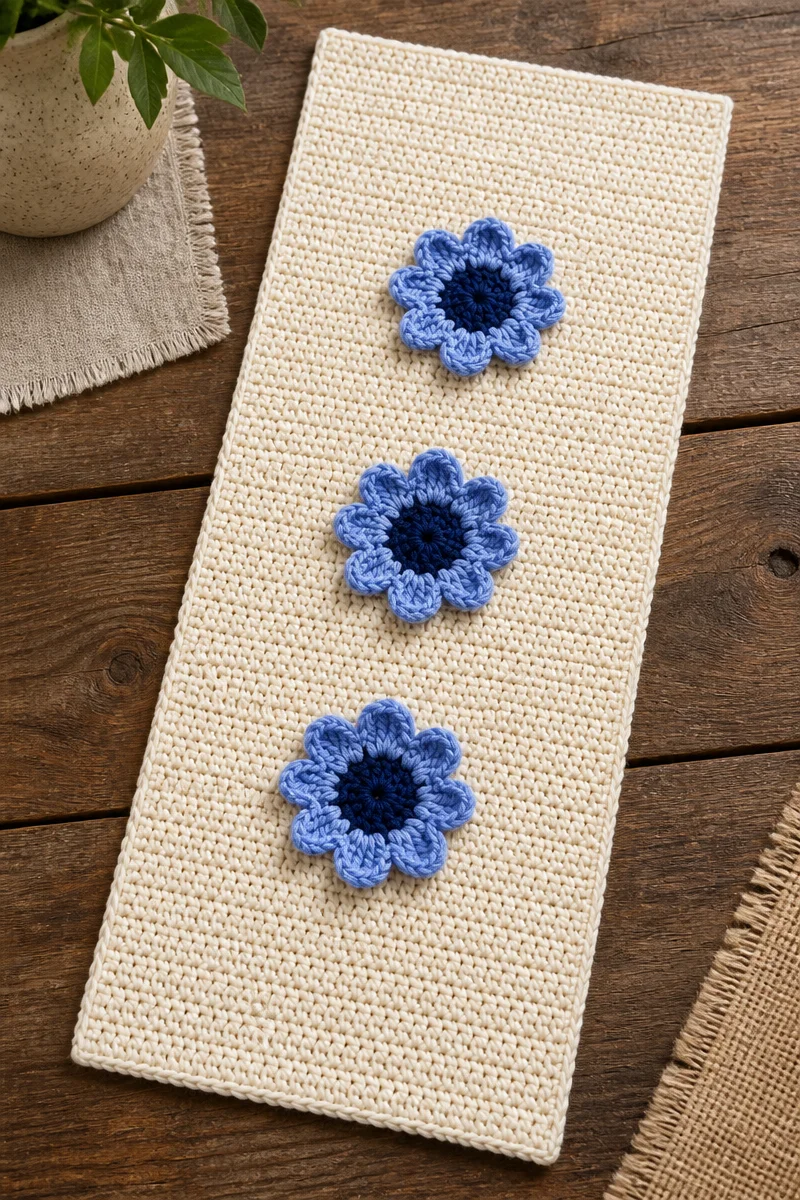 Crochet Larkspur Flower Mini Table Runner for home decor