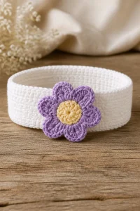 Crochet lilac flower toddler headband, perfect for kids' fashion and accessories.