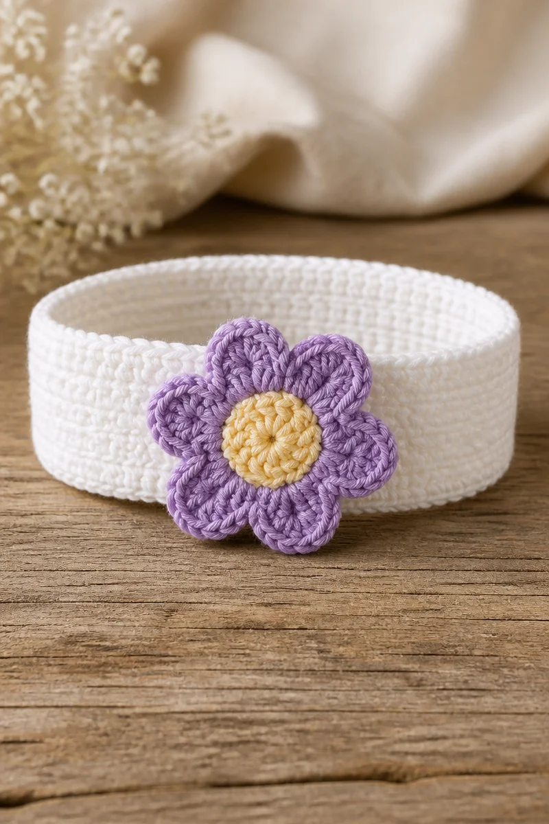 Crochet lilac flower toddler headband, perfect for kids' fashion and accessories.