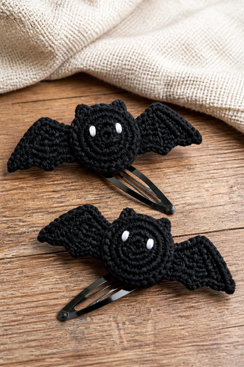 Cute crochet little bat hair clip pair for stylish Halloween accessories.