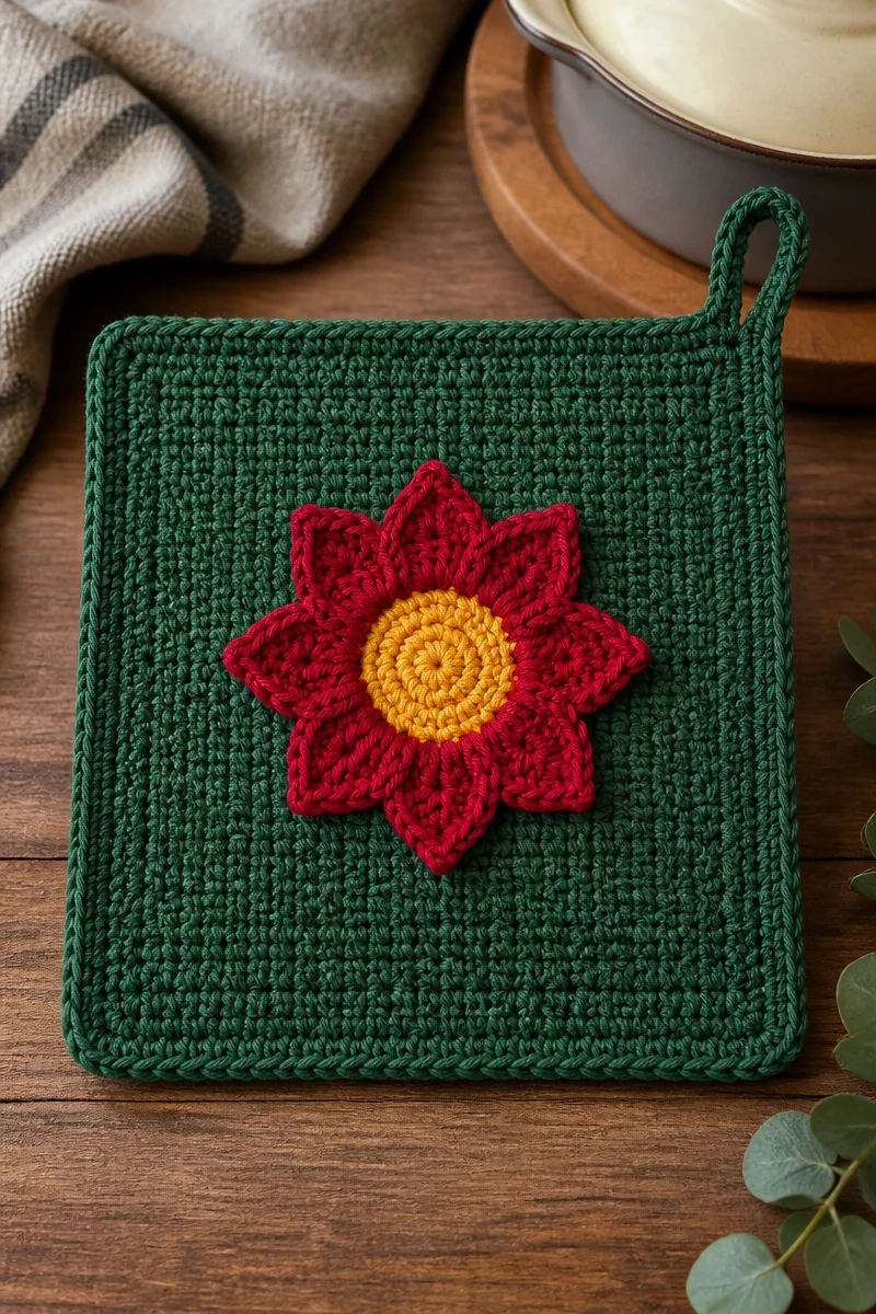 Crochet lotus flower pot holder for holiday decor and kitchen use.