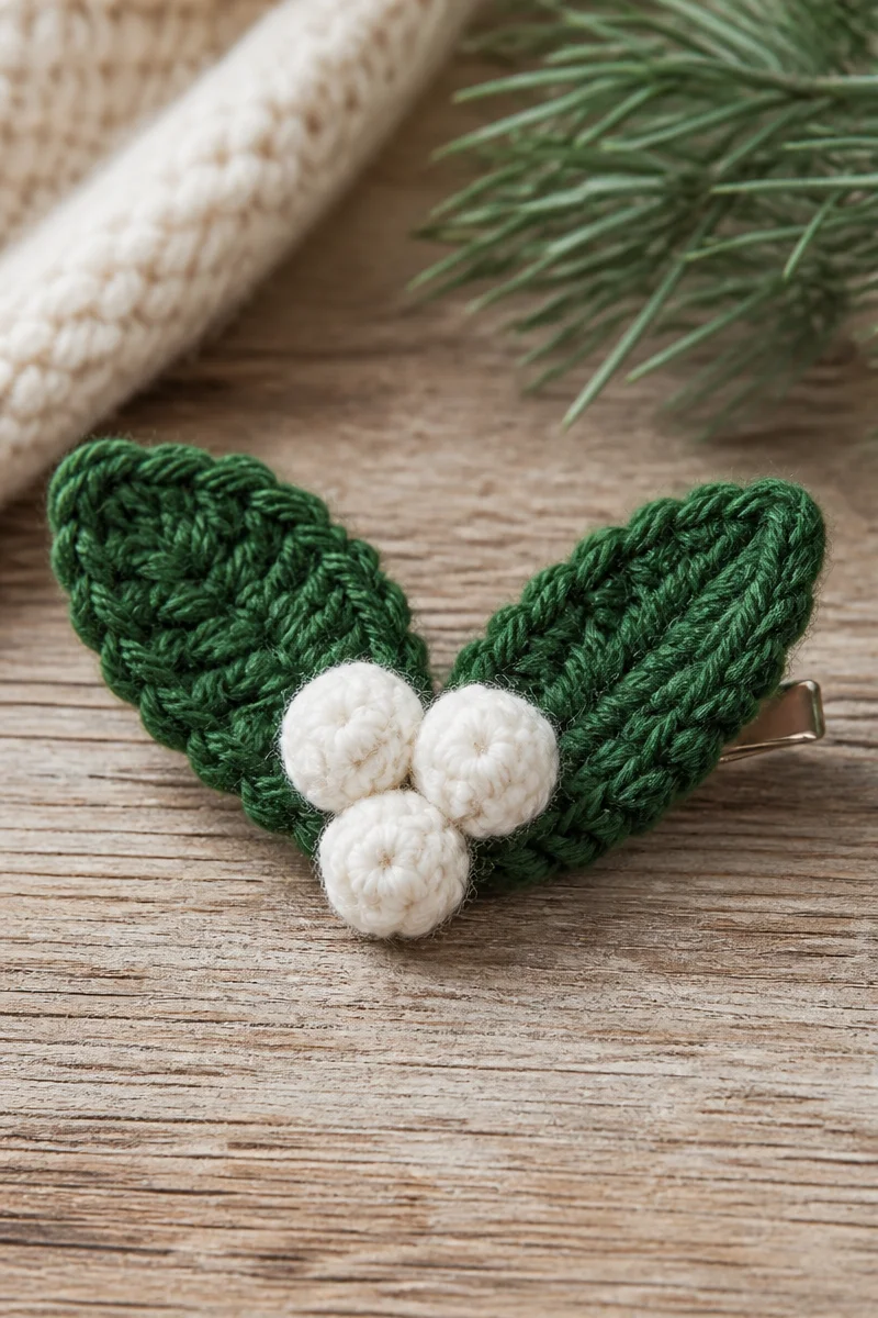 Crochet mistletoe berry hair barrette for festive hairstyles