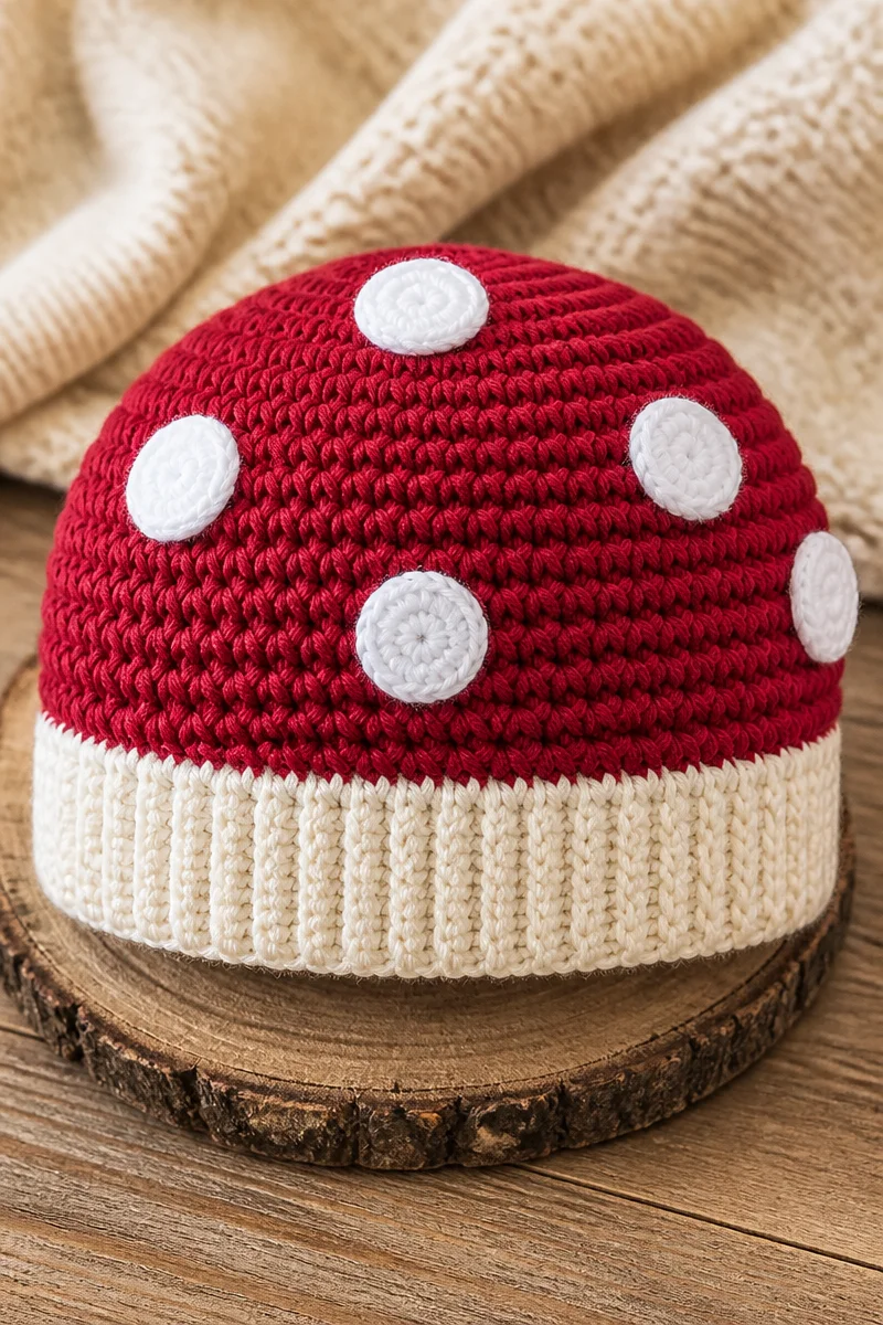 Crochet Mushroom Baby Hat Beanie for infants, featuring a cute mushroom design.