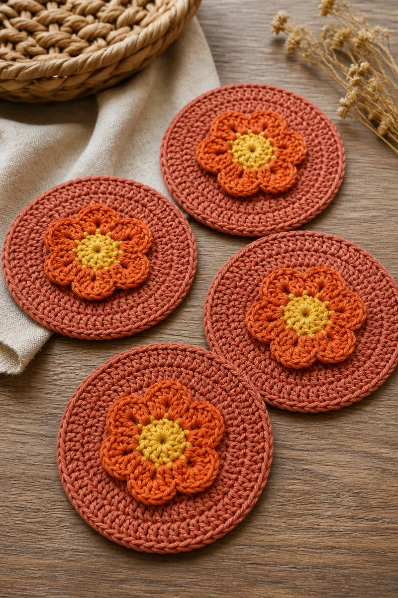 Crochet nasturtium flower coaster set for home decor