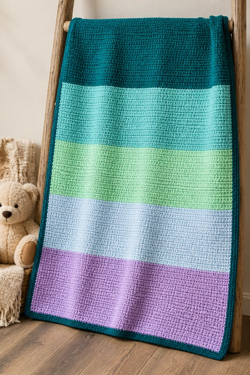 Crochet Northern Lights Ombre Baby Blanket in soft, vibrant colors