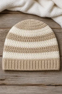Crochet oatmeal striped baby beanie for infants