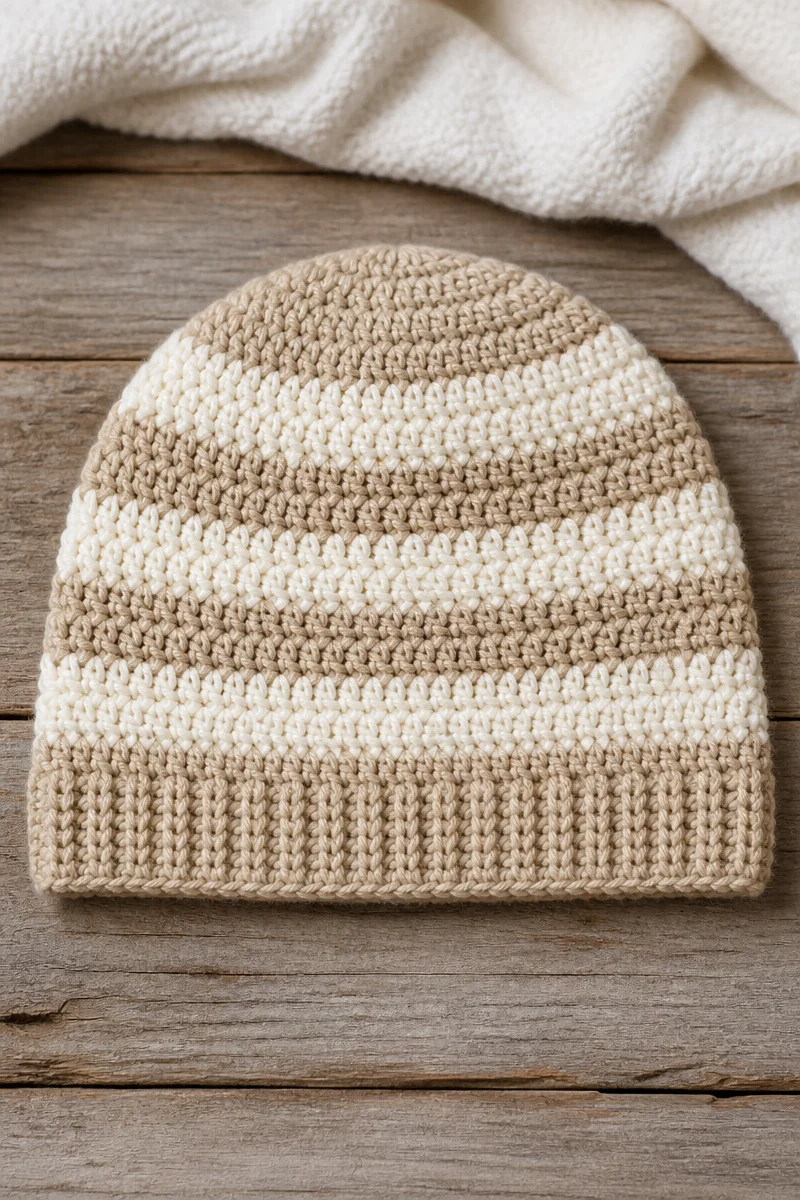 Crochet oatmeal striped baby beanie for infants