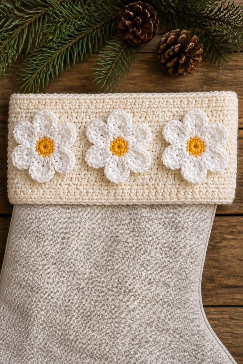 Crochet paperwhite flower trim for festive stocking decoration