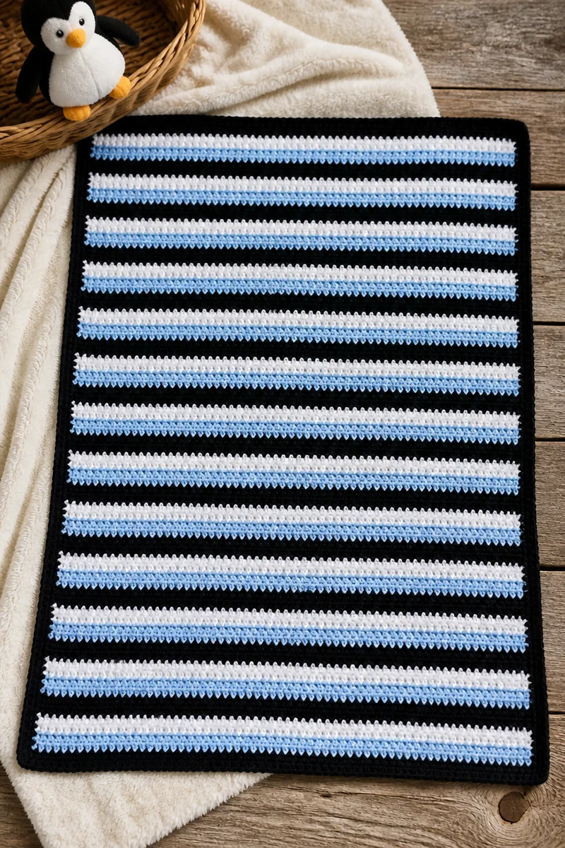 Crochet Penguin Stripe Baby Blanket in soft colors for cozy baby's comfort