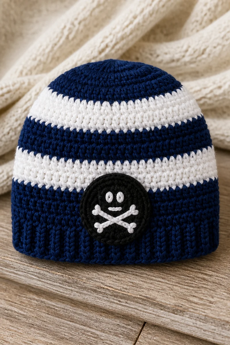 Crochet Pirate Baby Hat Beanie in black and red with skull patch