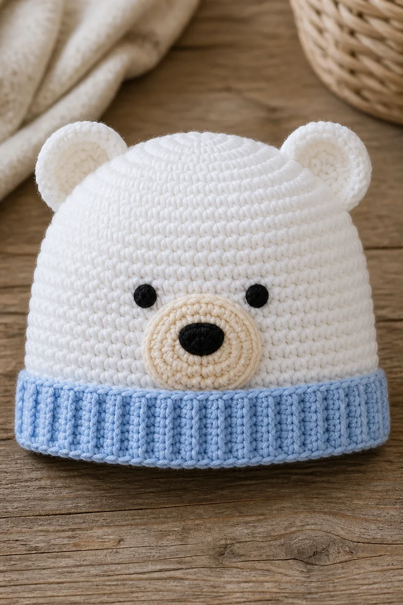 Crochet polar bear baby hat beanie for infants, warm and cute accessory.