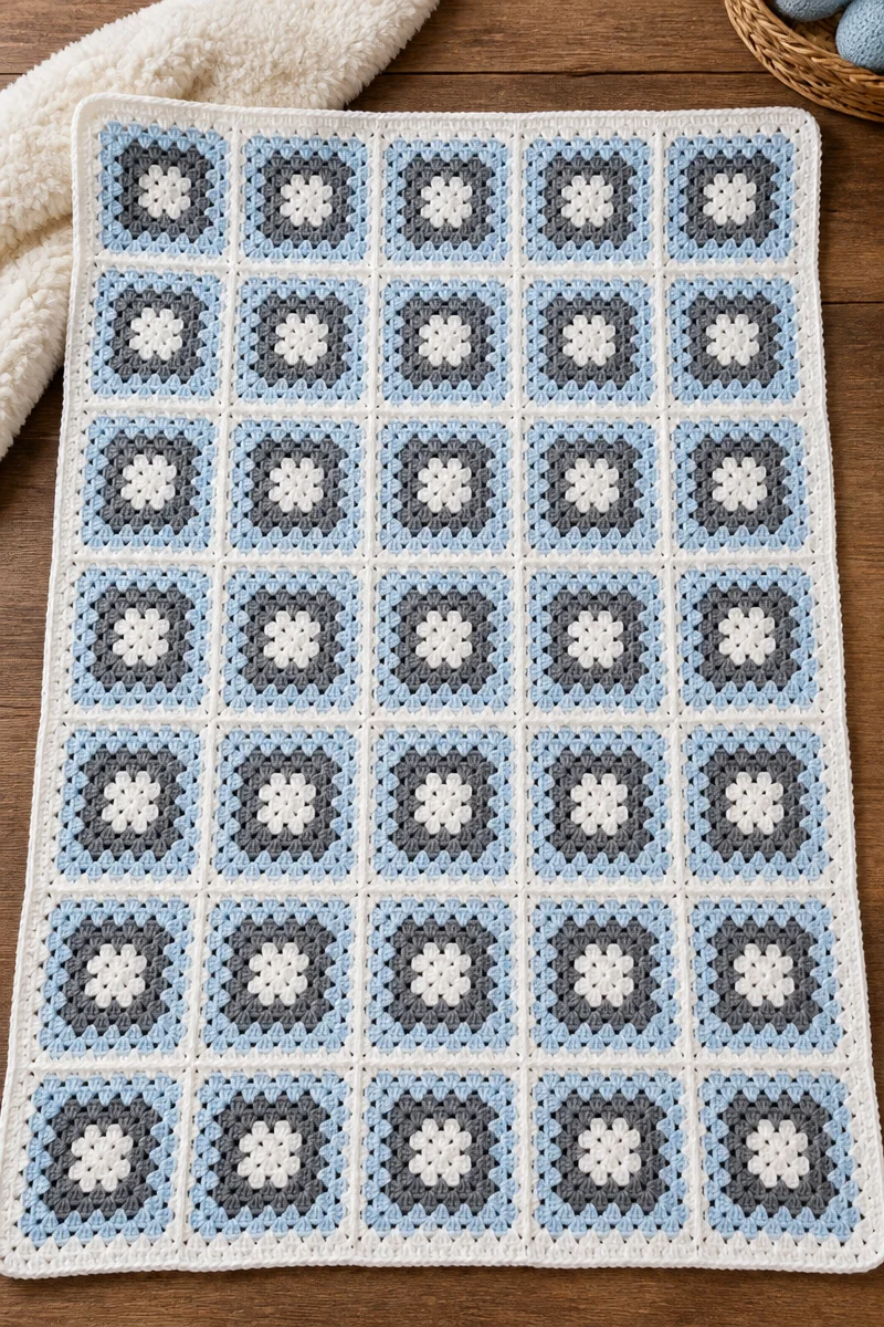 Cozy crochet polar bear granny baby blanket for nursery and gift ideas