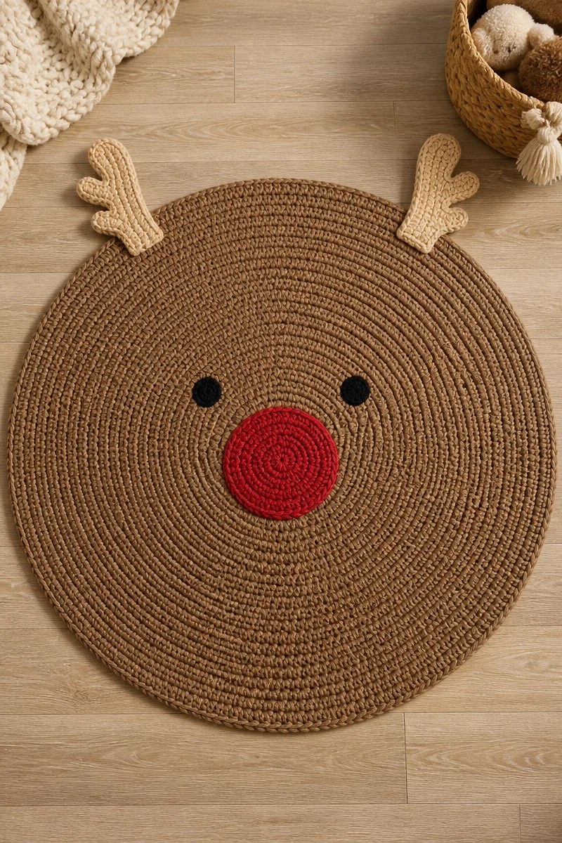 Crochet reindeer baby play mat designed for fun and comfort during playtime.