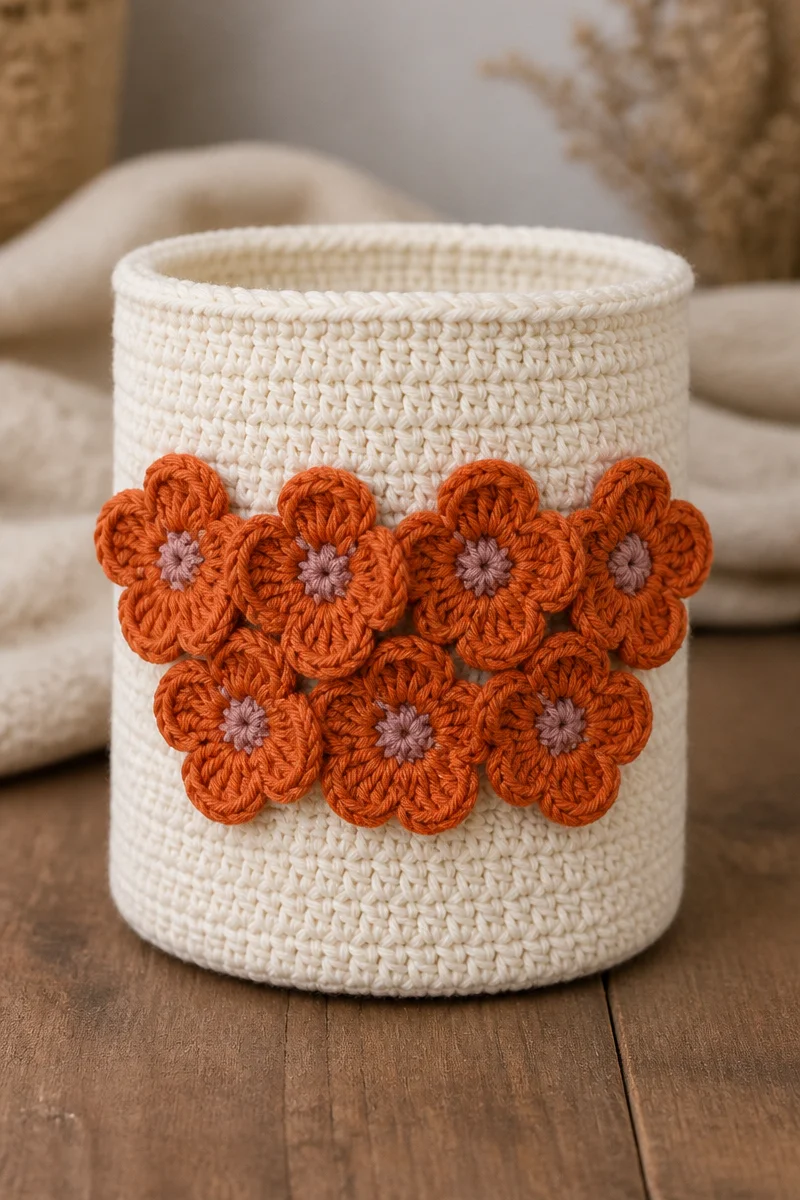 Crochet rust hydrangea flower vase cozy for home decor