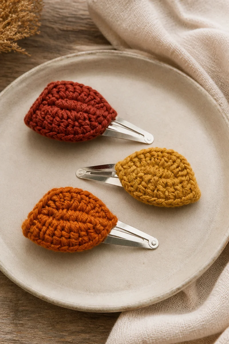 Crochet Rustic Leaf Snap Clip Set featuring handmade leaf designs
