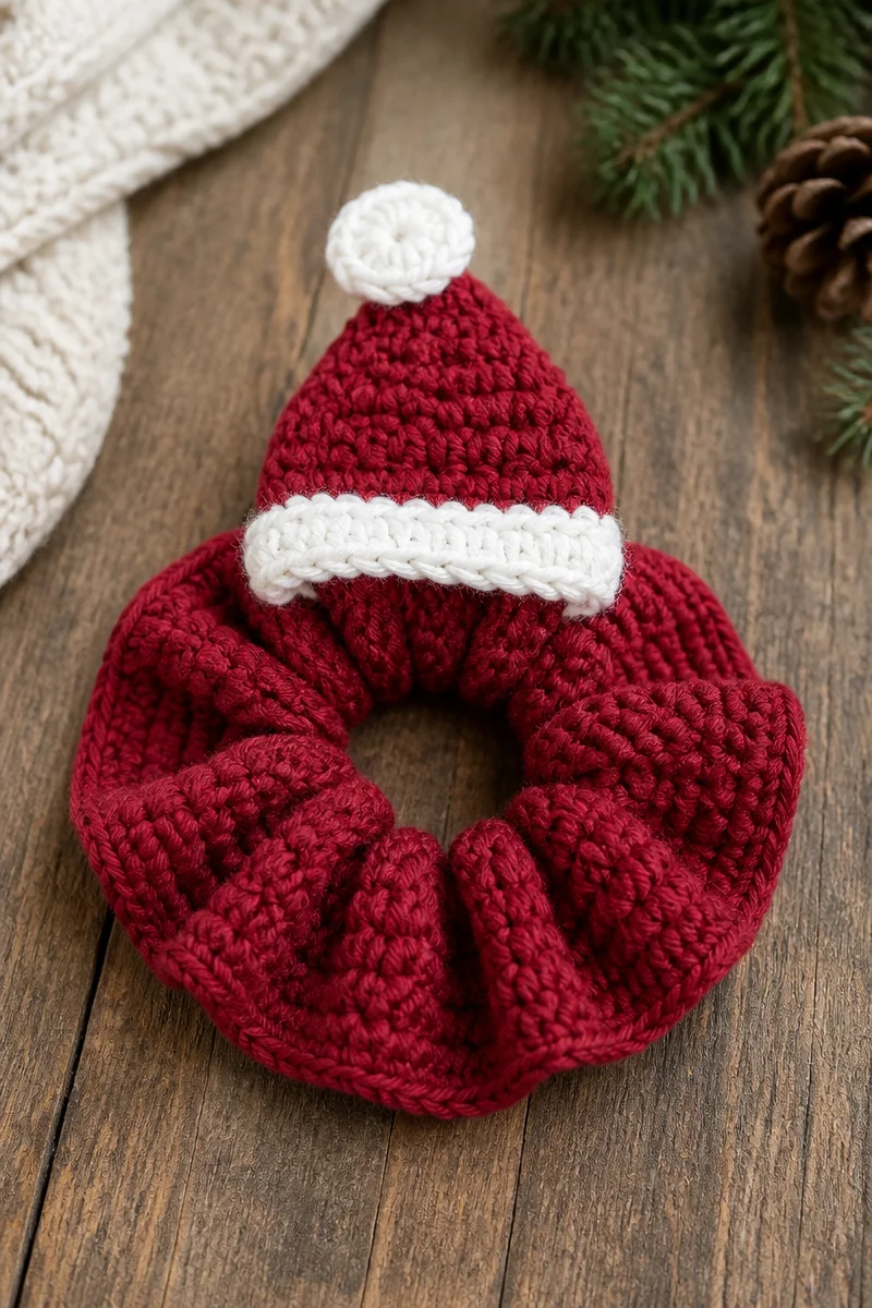 Crochet Santa Hat Hair Scrunchie for festive holiday style
