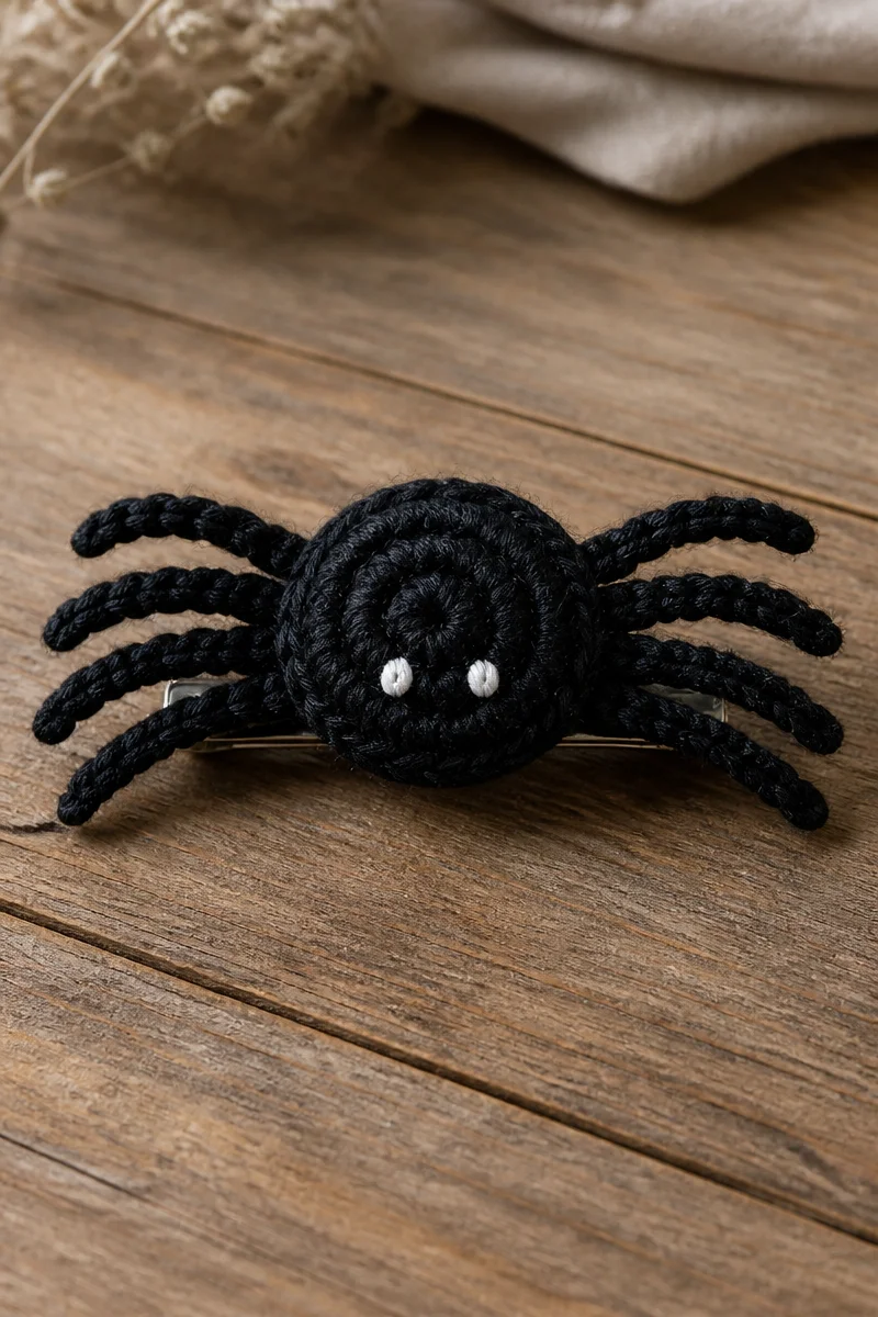 Crochet spooky spider hair barrette for Halloween style.