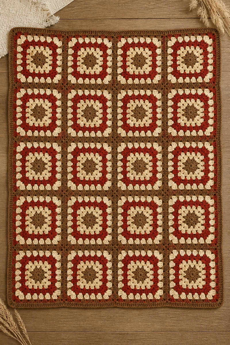 Cozy crochet squirrel granny baby blanket in soft colors and textures.